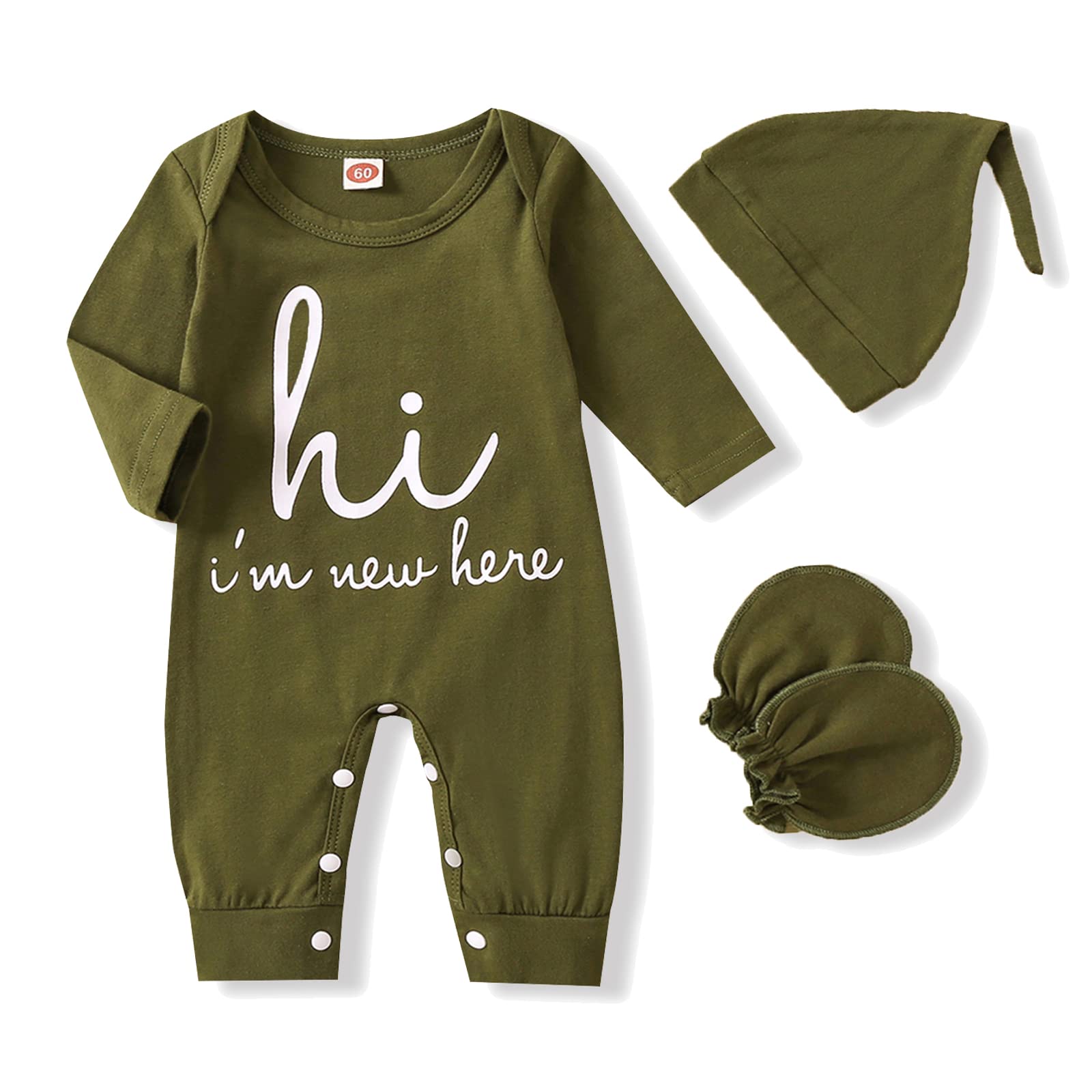 Grnshts Newborn Baby Boy Romper Coming Home Outfits Letter Print Bodysuit Jumpsuit+Hat+Gloves 3Pcs Clothes Set (Army Green, 1-3