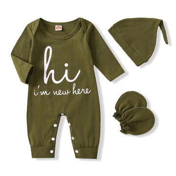 Grnshts Newborn Baby Boy Romper Coming Home Outfits Letter Print Bodysuit Jumpsuit+Hat+Gloves 3Pcs Clothes Set (Army Green, 1-3