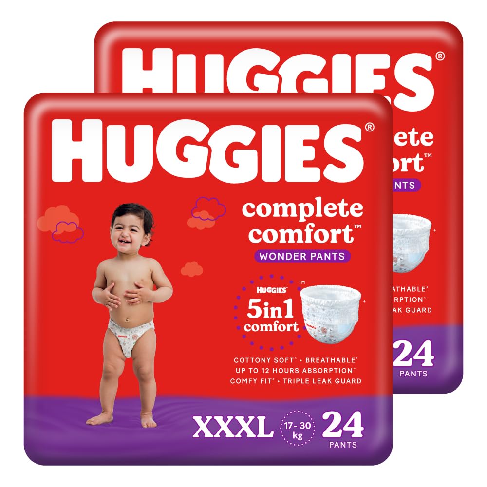 Huggies Complete Comfort Wonder Pants Triple Extra Large (Xxxl) Size (17 Kgs+) Baby Diaper Pants, 48 Count|5 Benefits In 1 Diape