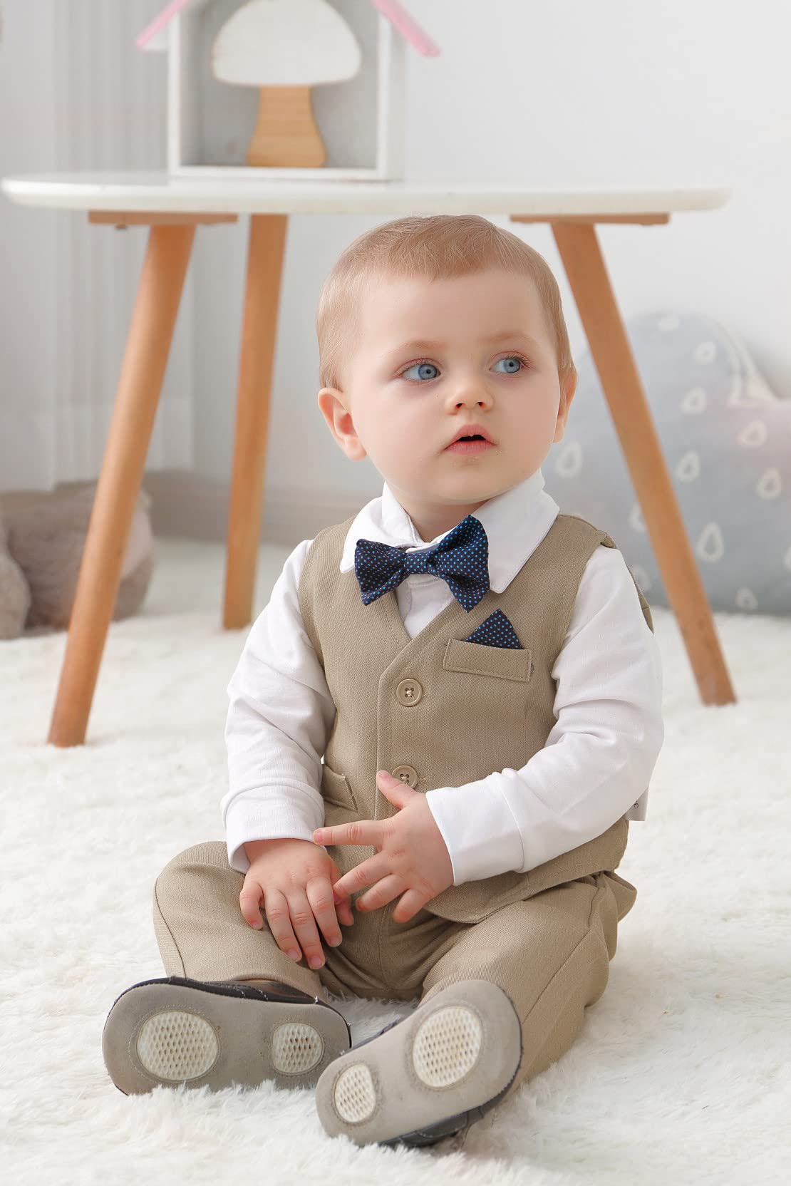 Disaur Baby Boy Formal Outfits Long Sleeve Infant White Shirt Khaki Vest Pants Bow Tie Baby First Halloween Outfit Boy 18 24 Mon