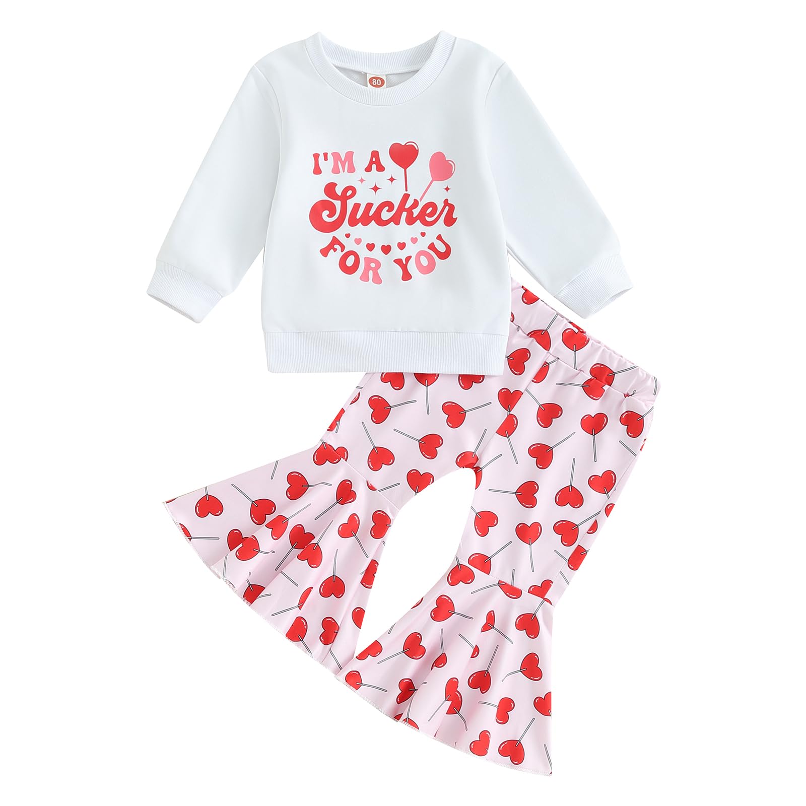 Iddolaka Toddler Baby Girls Valentines Day Outfits Long Sleeve Letter Sweatshirt Shirt Heart Flared Pants Spring Clothes (F-Whit