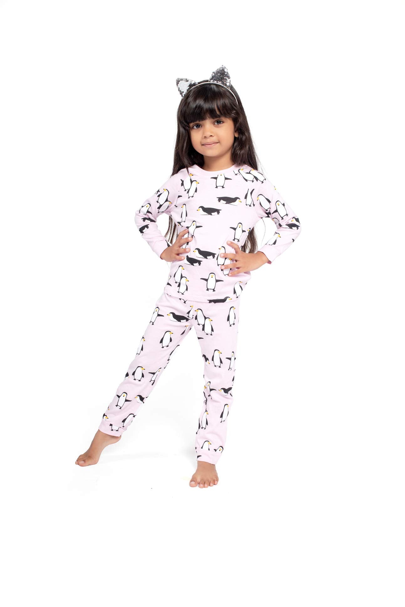 Ventra Girls Penguin Print Nightwear, 100% Cotton Night Dress for Kids, Top and Bottom Pyjama Set for Girls Pink
