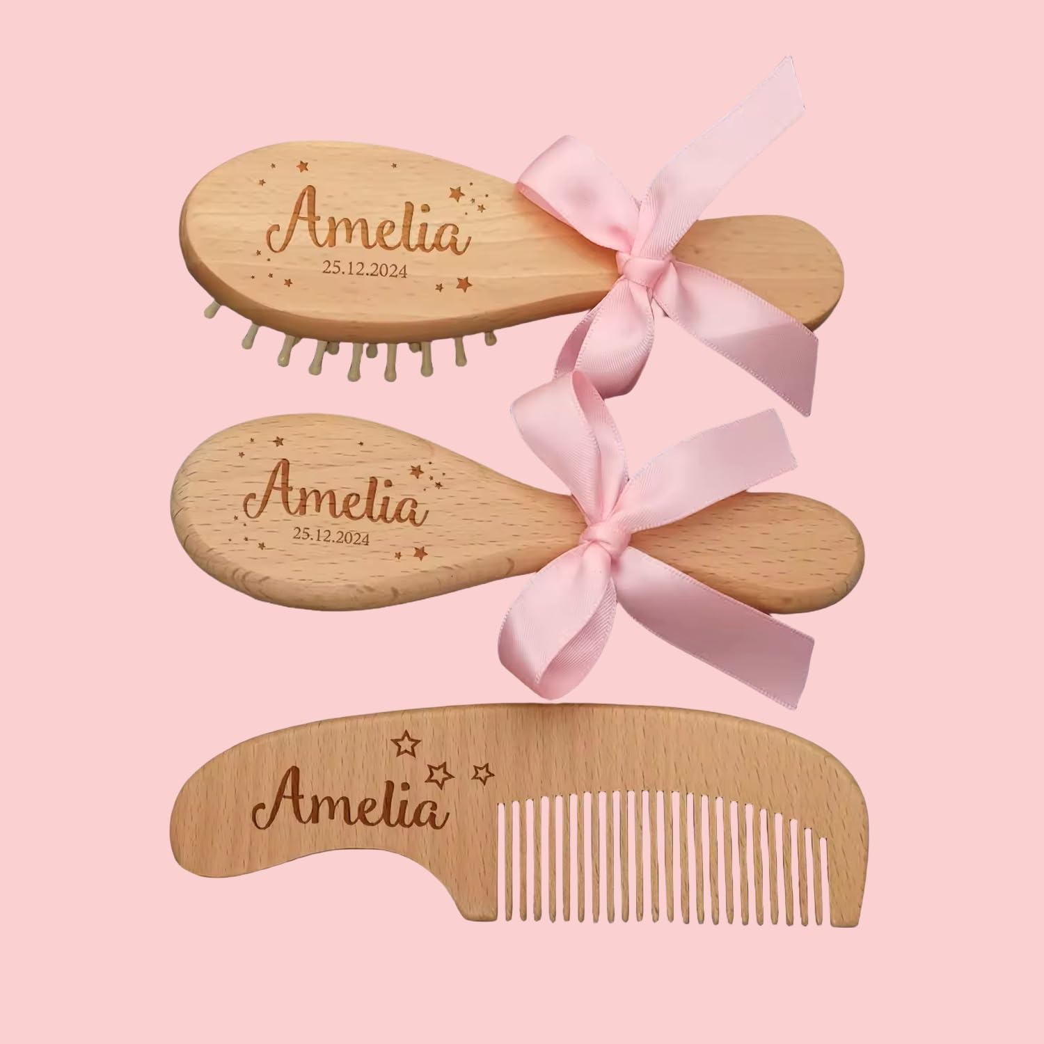 Personalized Baby Gift Newborn Hair Brush and Comb, Customized Engraved Baby Keepsake,Personalized Girls Brush and Comb Set, Woo