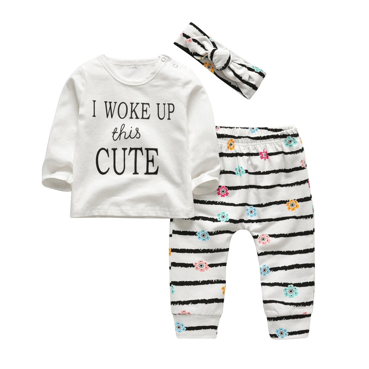 Kukitty 3Pcs Baby Girl Outfits Set I Woke Up This Cute Long Sleeve T-Shirt Tops Flowers Pants With Headband (9-12 Months)