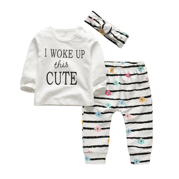 Kukitty 3Pcs Baby Girl Outfits Set I Woke Up This Cute Long Sleeve T-Shirt Tops Flowers Pants With Headband (9-12 Months)
