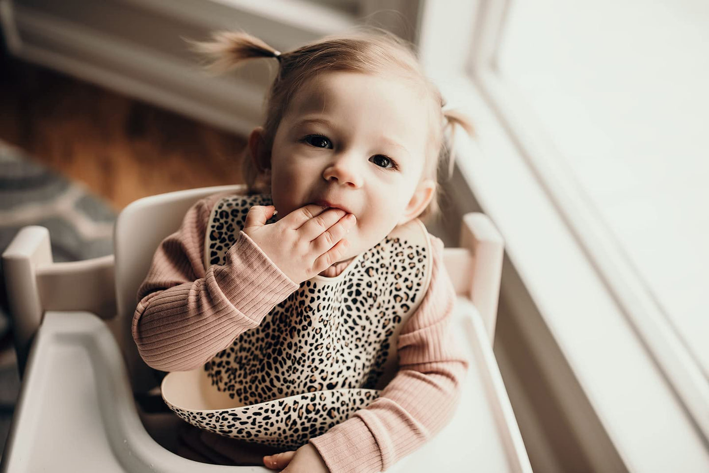 Three Little Tots Modern Silicone Baby Bib - Adjustable Fit Waterproof Catch Bibs ((Leopard)