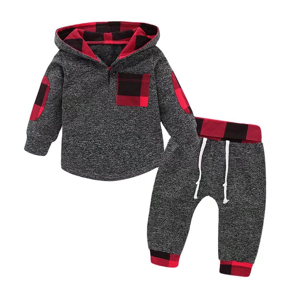 Tepuce Baby Boy Clothes 12-18 Months Infant Baby Girl Long Sleeve Plaid Pocket Hoodie Tops + Pants Outfit Set 2Pcs, Red Plaid Ou