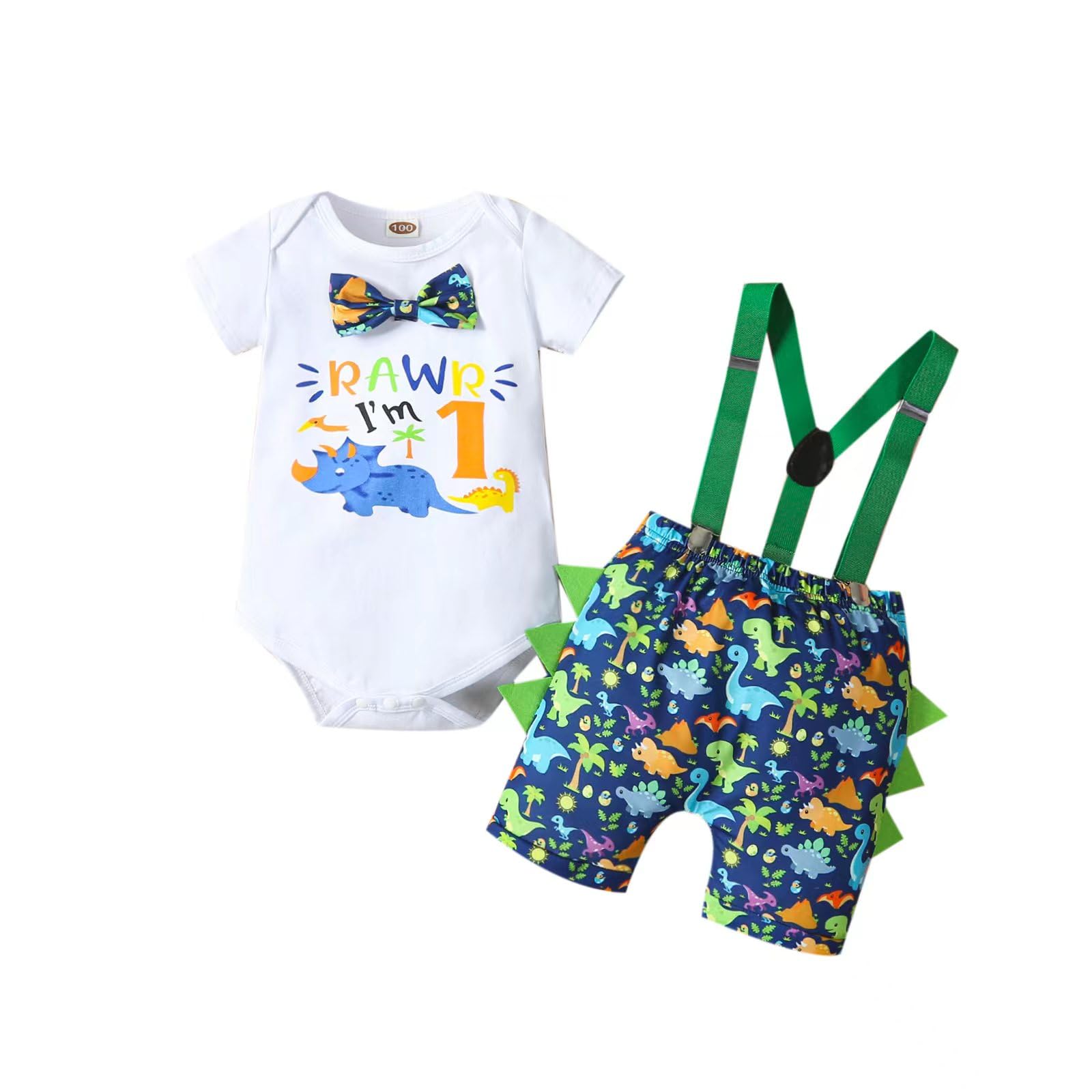 Vivifayee Baby Boy First Birthday Outfit Dinosaur Halloween Short Sleeve Bowtie Rompers Shorts Set With Suspenders One Year Old