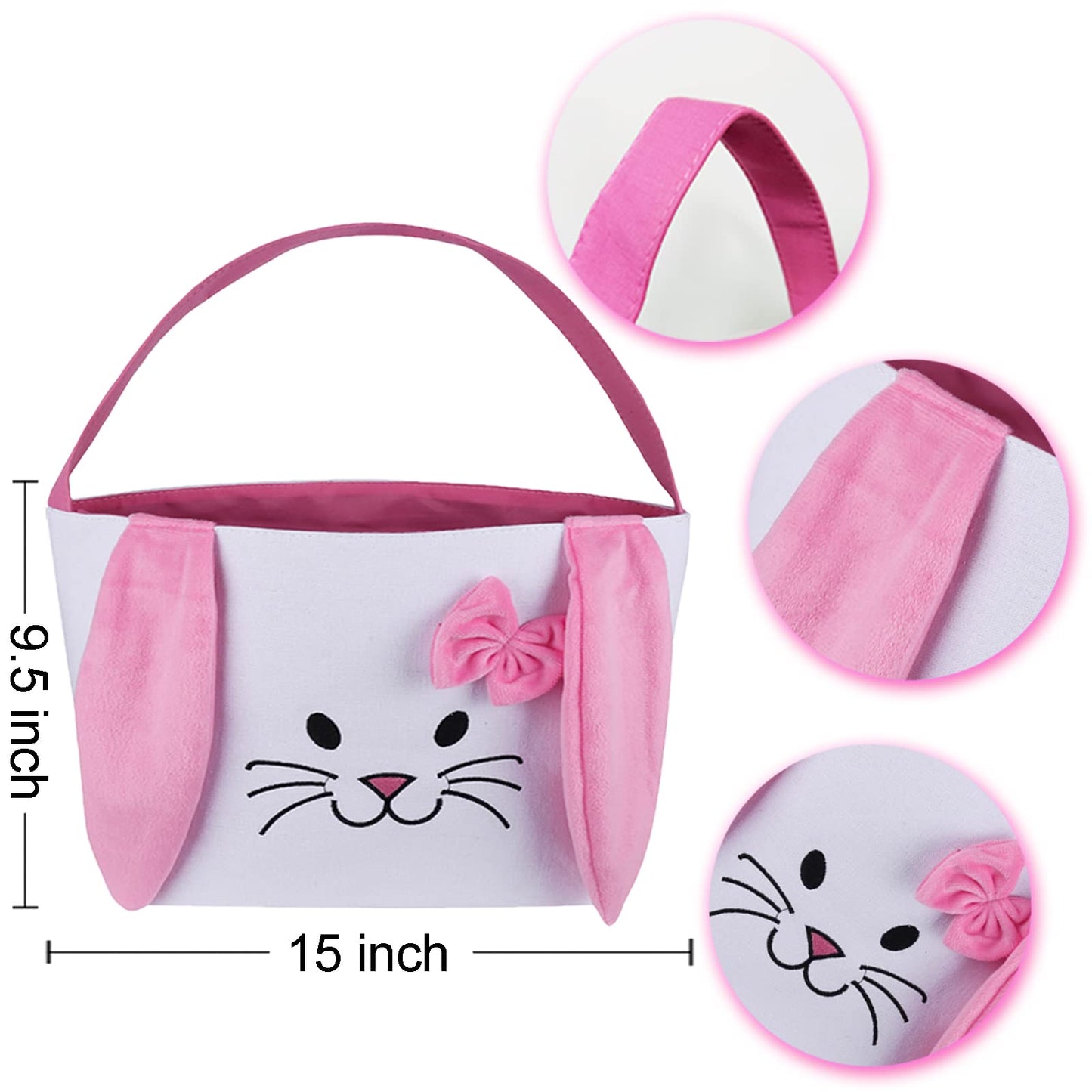 3Pcs Easter Bunny Basket For Kids- Canvas Cotton Carrying Gift And Eggs Hunt Bag, With Long Plush Ear Printed Rabbit Toys Bucket
