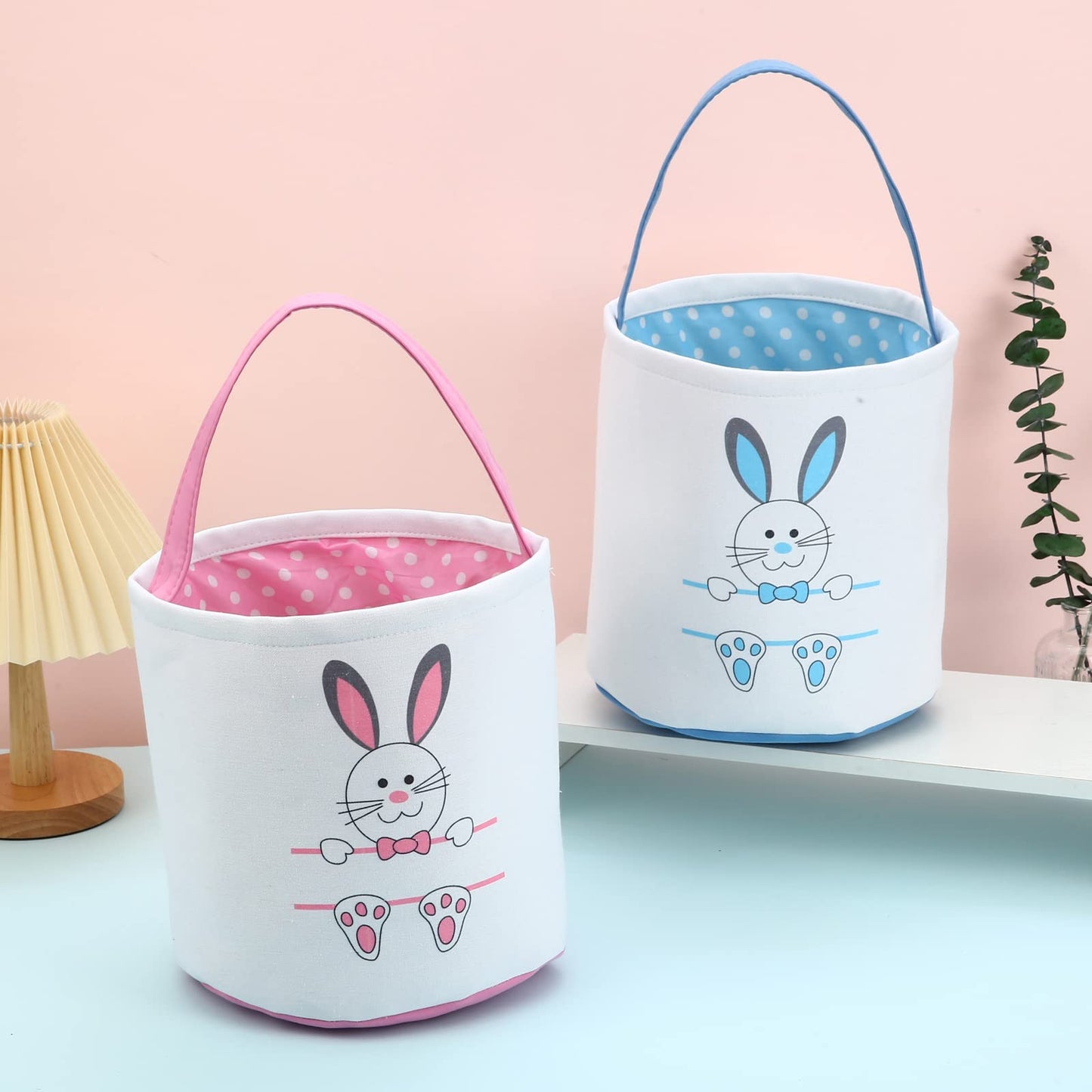 Waarms 2 Pack Easter Bunny Basket Bags For Kids, Canvas Cotton Personalized Egg Basket Hunt Bags Cute Rabbit Print Buckets For E