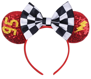 Razko Sequin Minnie Ears Headband, Glitter Red Lightning Mouse Ears With Bow, Park Princess Ears For Women, Girls, And Kids (Car