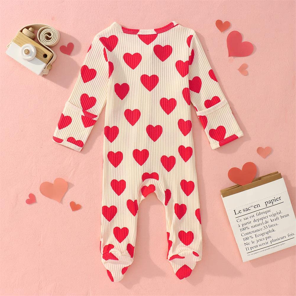 Gliglittr Newborn Infant Baby Girls Valentine'S Day Romper Long Sleeve Bodysuit Cute Heart Print Ribbed Onesie Jumpsuit(Beige,3-