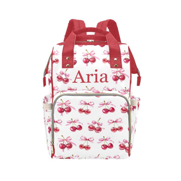 Personalized Pink Bow with Cherry Diaper Bag Backpack with Name - Custom Baby Travel Tote for Mom or Dad, Nursing Bag for Girls,