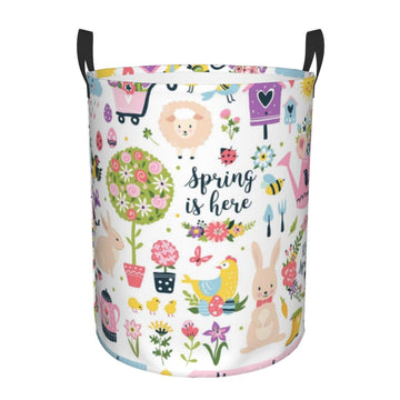 Pevtufa Spring Hand Drawn Flowers Birds Foldable Laundry Basket Organizer,Fabric Clothes Toy Storage Basket Nursery Hamper Stora
