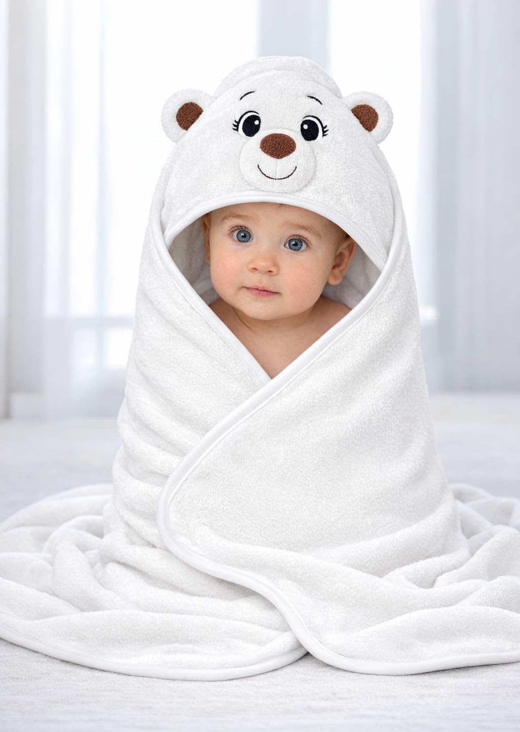 Hi mom Baby Hooded Bath Towel, White, Cotton Terry, Bear Design, Soft Wrap for Infants and Toddlers