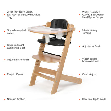 Cowiewie Natural Wooden High Chair for Babies & Toddlers 3-Tier Remove & 2 Adjustable Tray, 8 Adjustable Highchair with Cushions