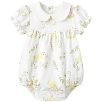 Pureborn Baby Girls Bodysuit Peter Pan Collar Bubble Romper Easter Short Sleeve One-Piece Cotton Outfit Field Rabbit 0-3 Months