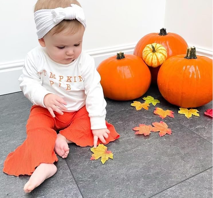 Wybzd Baby Girl Halloween Outfit Pumpkin Pie Crewneck Sweatshirt Shirt Top Bell-Bottom Pants Sets Cute Toddler Clothes (Pumpkin