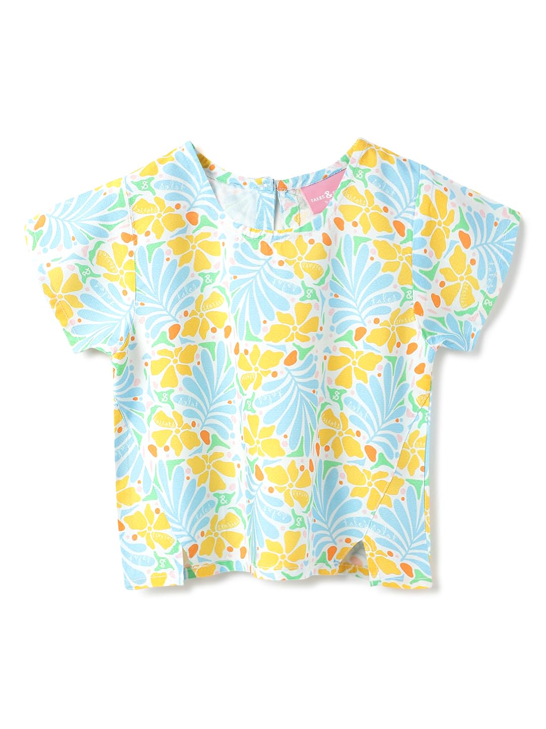 Tales & Stories Girls Sky Blue Floral Top Viscose Regular Fit Half Sleeve Casual with Round Neck & Button Closure 547841 612 Mo