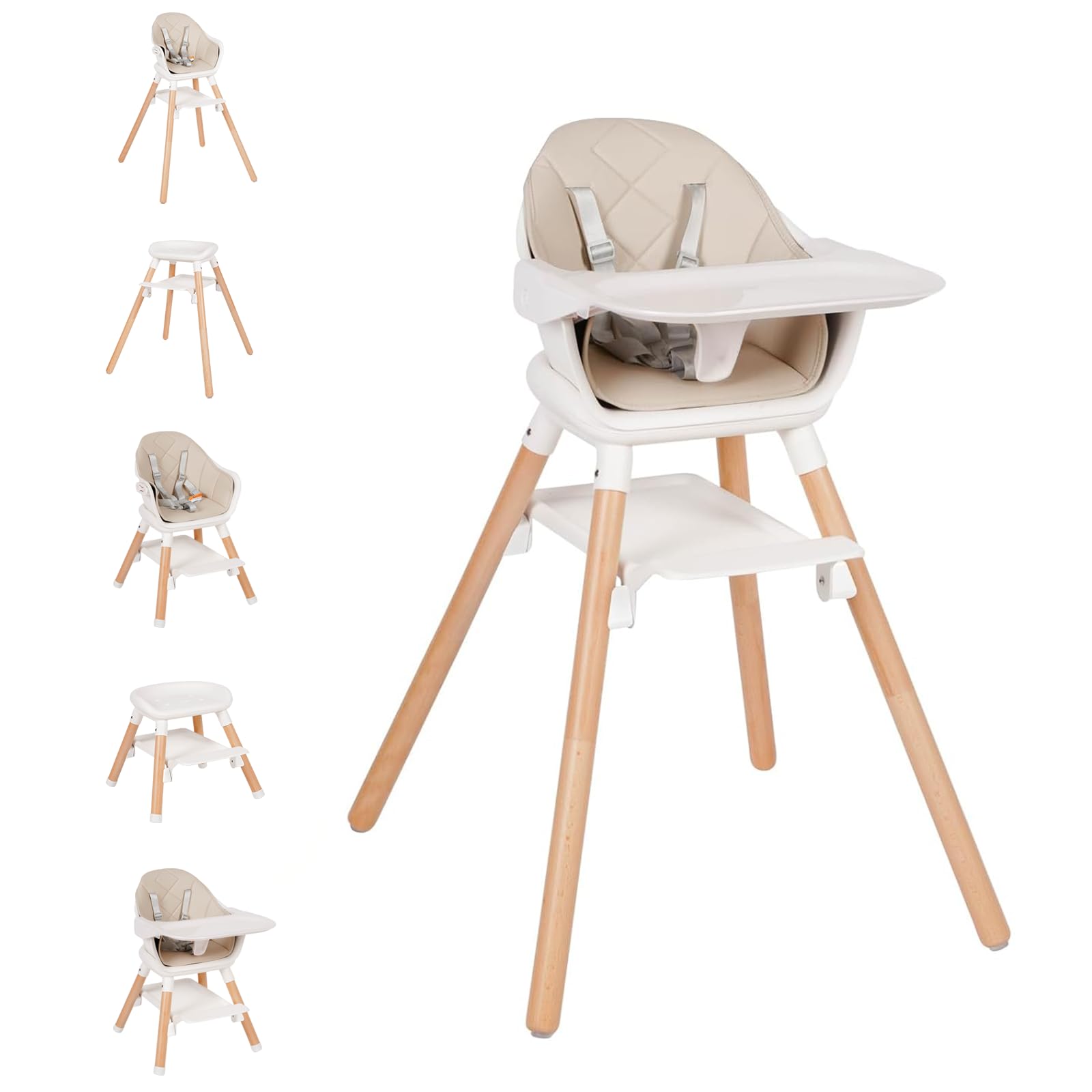 Komcot High Chair, 6 in 1 Wooden Convertible High Chairs for Babies and Toddlers, Booster Seat with Double Tray & Reversible Foo