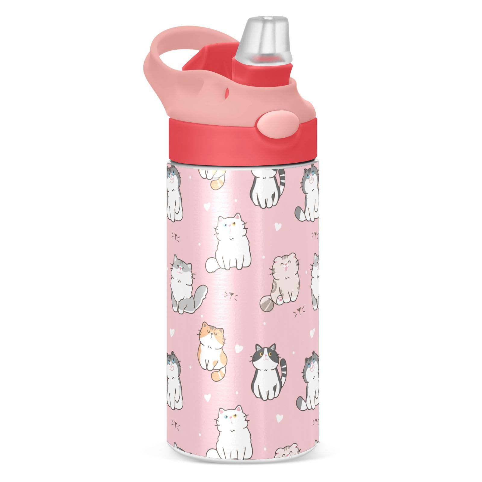 Cute Cat Kitty Girls Water Bottle With Straw And Carry Handle Cartoon Animals Pink Vacuum Insulated Stainless Steel Bottles Leak
