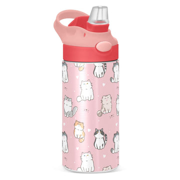 Cute Cat Kitty Girls Water Bottle With Straw And Carry Handle Cartoon Animals Pink Vacuum Insulated Stainless Steel Bottles Leak