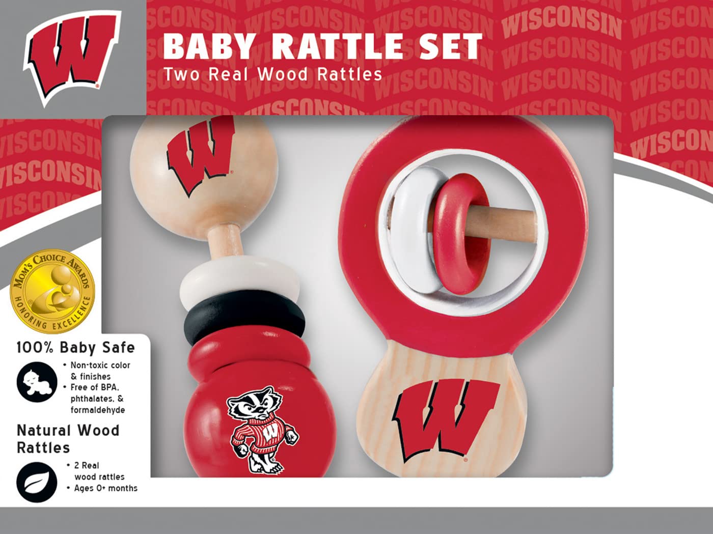 BabyFanatic Wood Rattle 2 Pack - NCAA Wisconsin Badgers - Officially Licensed Baby Toy Set