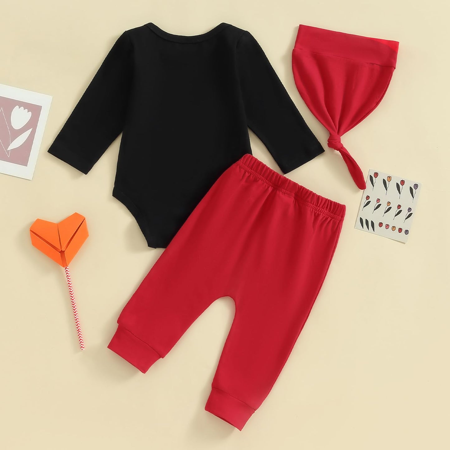 Mr. Steal Your Heart Baby Boy Outfit Newborn Valentines Day Long Sleeve Romper Pants Hat 3 Piece Clothes Set (Black, 12-18 Month