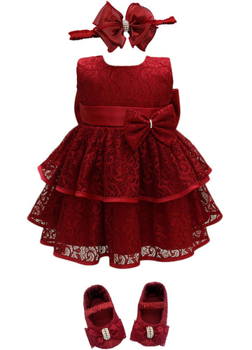 Glamulice Red Baby Flower Girls Dress Outfit Lace Infant First Birthday Outfit Wedding Bridesmaid Party Christmas Dresses 6-12 B