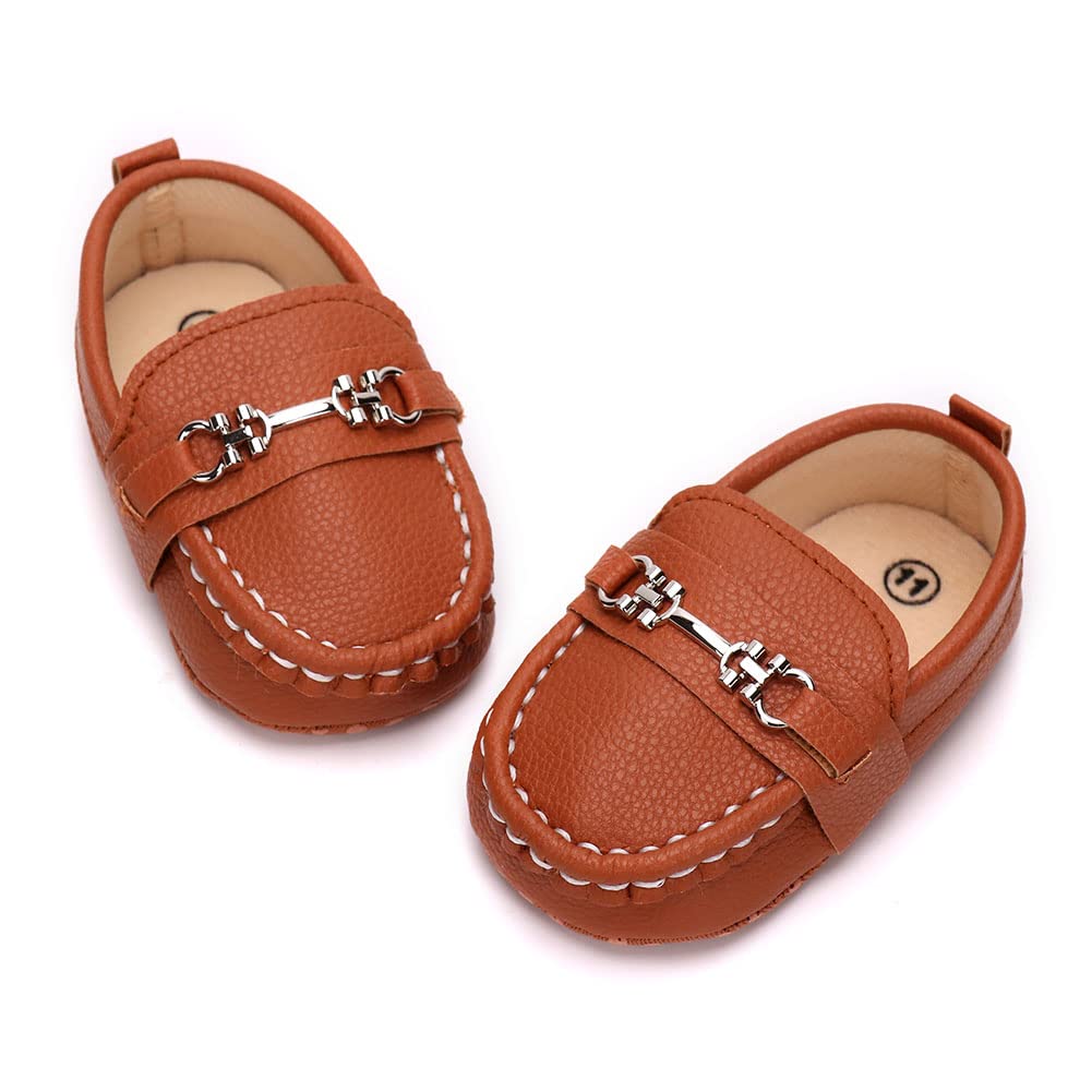 Lonsoen Infant Shoes Boys Loafers Baby Girls Crib Moccasins Classic Synthetic Leather Wedding Dress Shoes,Bay209 Brown 6-12 Mont