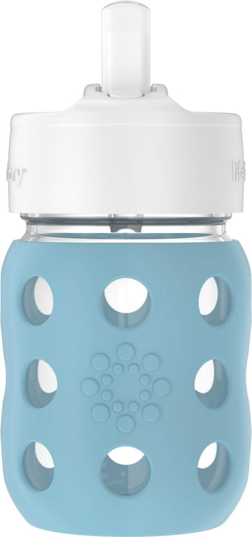 Lifefactory 8-Ounce Wide Neck Glass Baby Bottle With Protective Silicone Sleeve And Pivot Straw Cap, Denim (Lg2241Wde4)