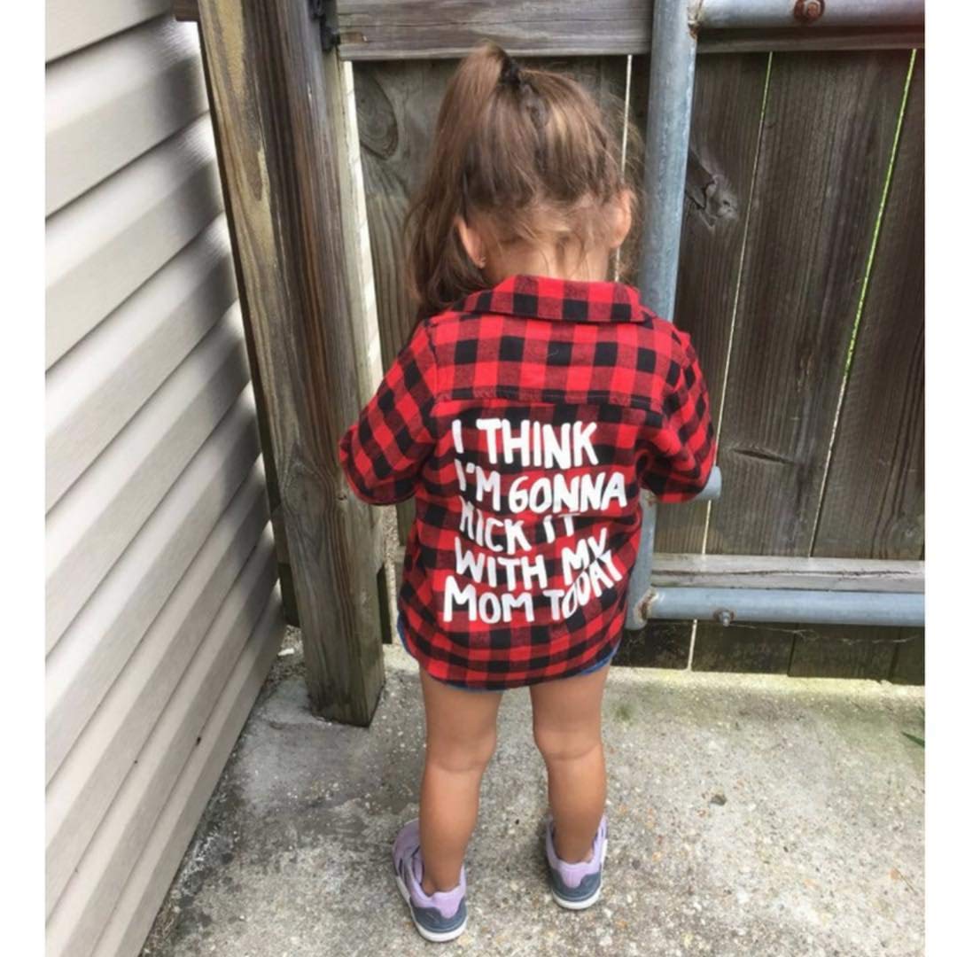 Toddler Baby Boys Girls Flannel Plaid Shirt Long Sleeve Lepel Button Down Back Letters Print Shacket Coat Top (Red Kick It With