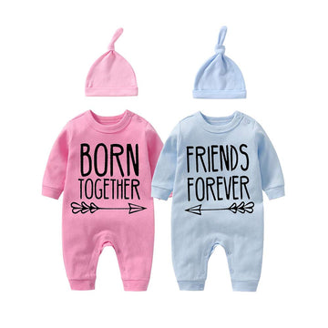 Ysculbutol Baby Twins Bodysuit With Hat Born Together Friend Forever Baby Boy Clothes Toddler Girl Clothes Baby Romper(Blpi Bb 3