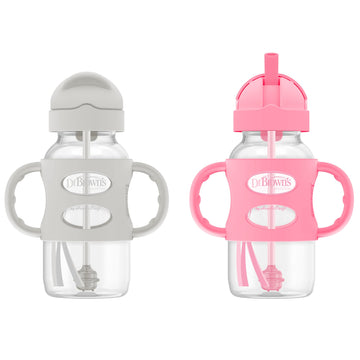 Dr. Brown'S Milestones Wide-Neck Sippy Straw Bottle With 100% Silicone Handles And Weighted Straw, 9 Oz/270 Ml, Gray & Pink, 6M+