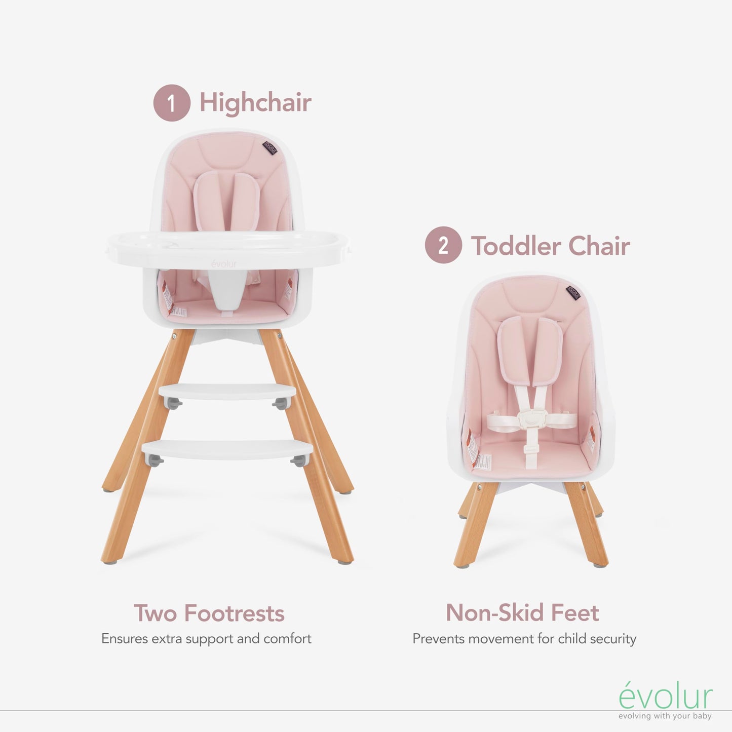 Evolur Zoodle 3 In 1 Convertible Baby High Chair In Pink, Easy To Clean, Adjustable And Removable Tray, Compact And Portable Hig