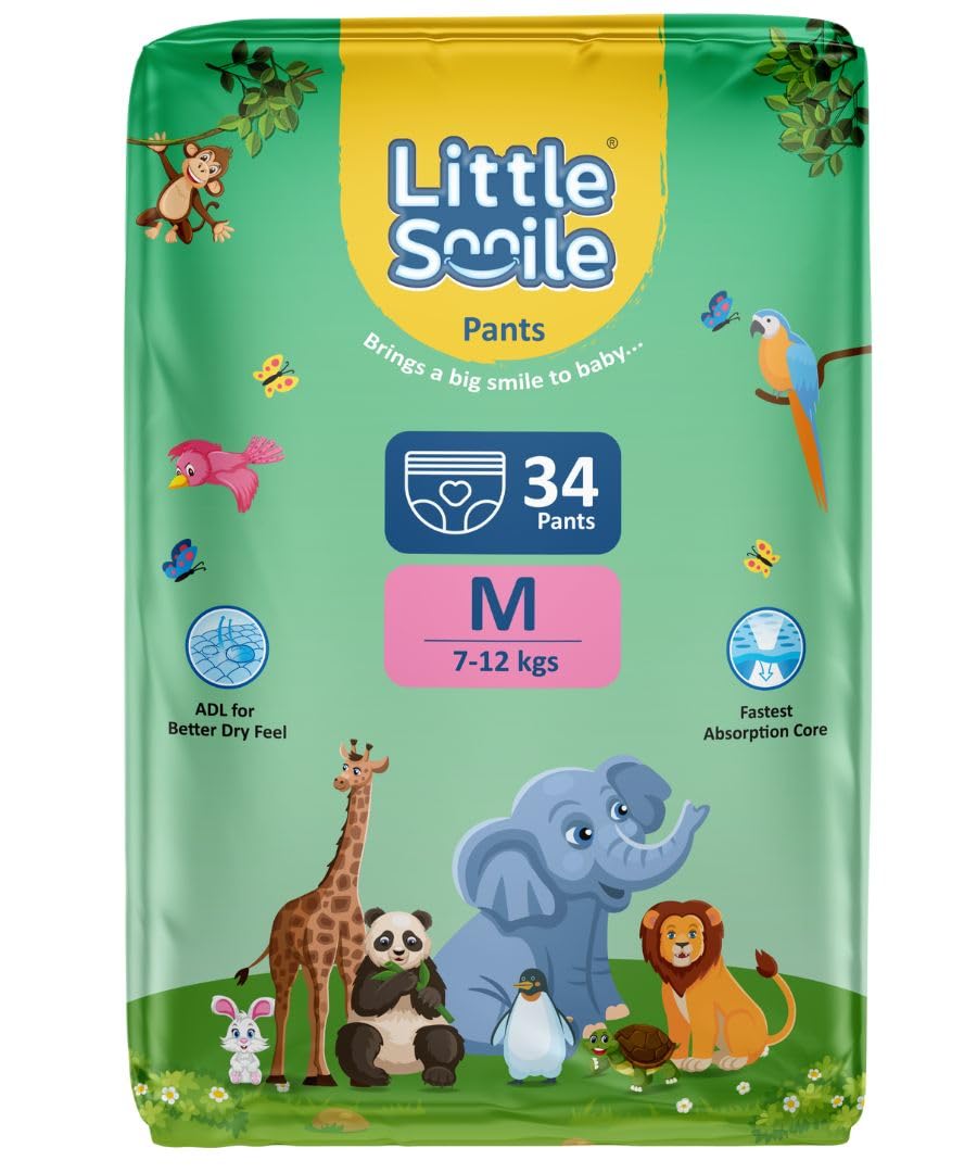 Little Smile Baby Diapers Pant Style | Medium (M) Size | Ideal For 712 Kgs Baby | 34 Count Odorless And Antibacterial Layer Wi