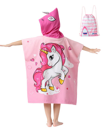 Athaelay Soft Swim Cover-Ups For 3 To 10 Years Old Kids Big Girls' Pink Unicorn Hooded Bath Beach Poncho Towel With Drawstring B