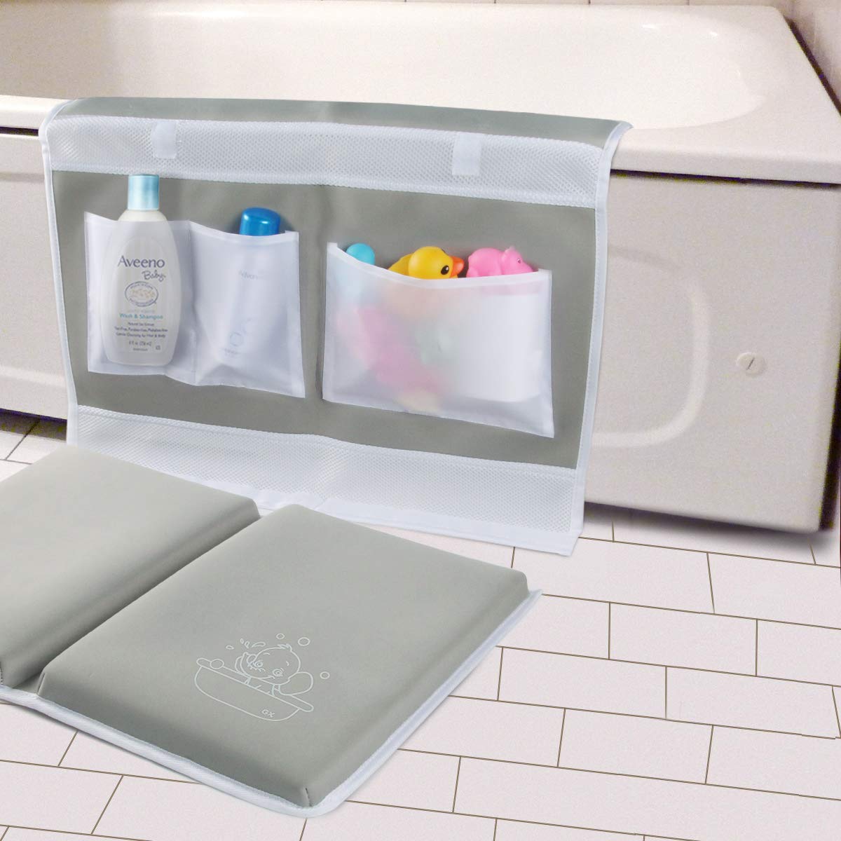 Bath Kneeler And Elbow Rest Pad Set - 1.5' Thick Bath Kneeling Pad With Toy Organizer - Large Safty Kneeler Mat For Tub Bathing