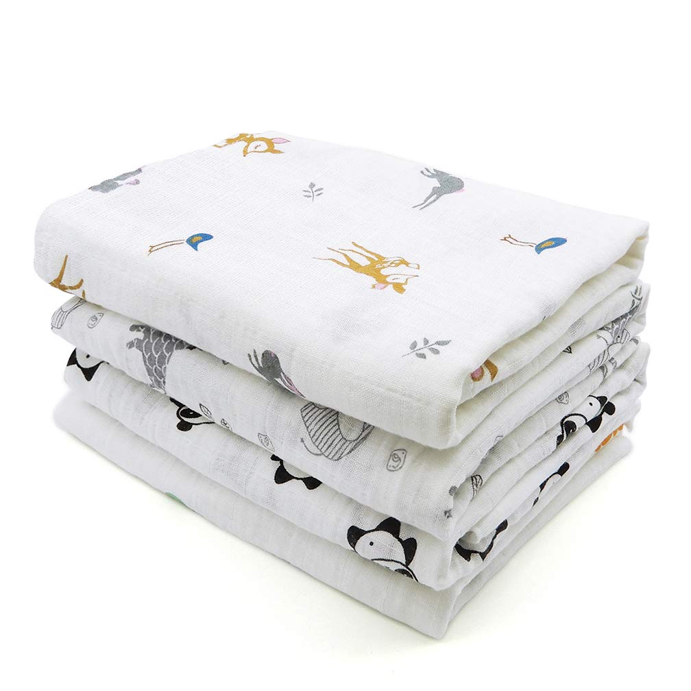 4 Pack Baby Muslin Washcloths, ALBOYI 120cmx110cm Cotton Muslin Baby Wiping Bathing Towels with Printed Design, Highly Absorbent