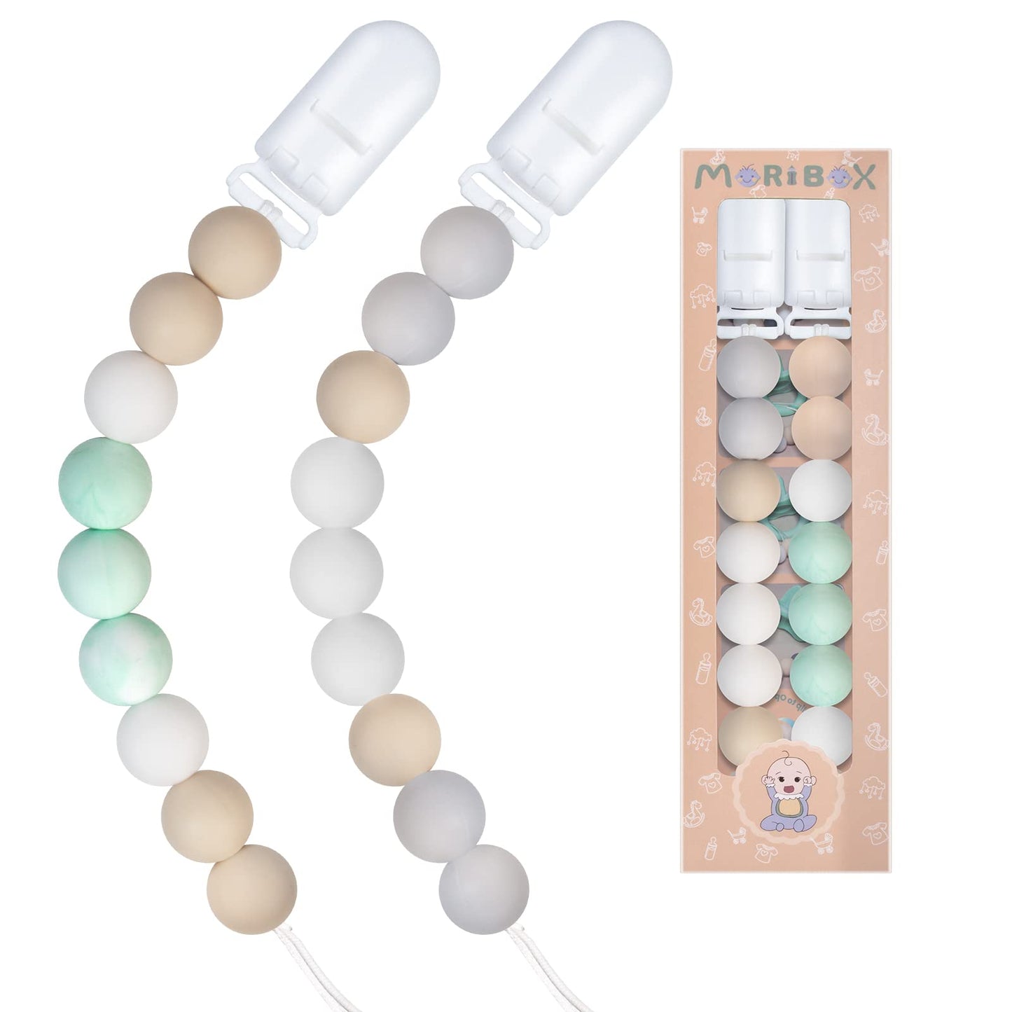Pacifier Clips For Baby Boys Girls 2 Pack (White+Green)