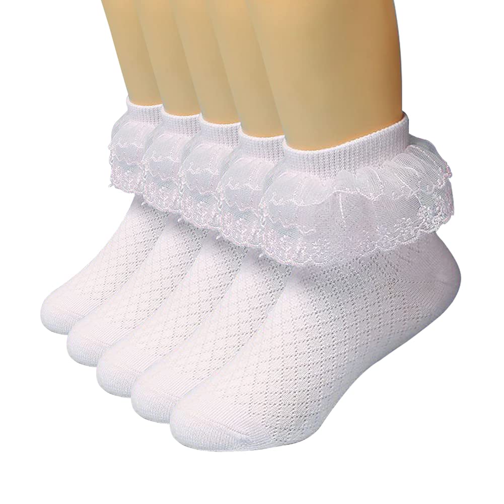 Looching 5 Pairs Toddler Baby Girls Ruffle Lace Trim Socks Eyelet Cotton White Frilly Ankle Soft Dress Socks Kids Princess Socks