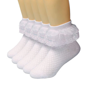 Looching 5 Pairs Toddler Baby Girls Ruffle Lace Trim Socks Eyelet Cotton White Frilly Ankle Soft Dress Socks Kids Princess Socks