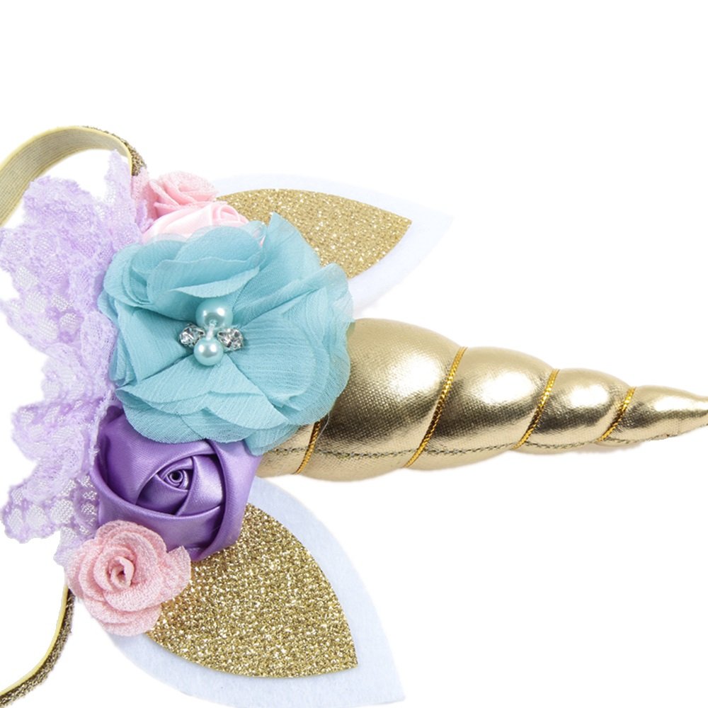 Nishine Baby Elastic Glitter Unicorn Horn Headband Children Unicorn Party Supplies Cosplay Gift (Gold)