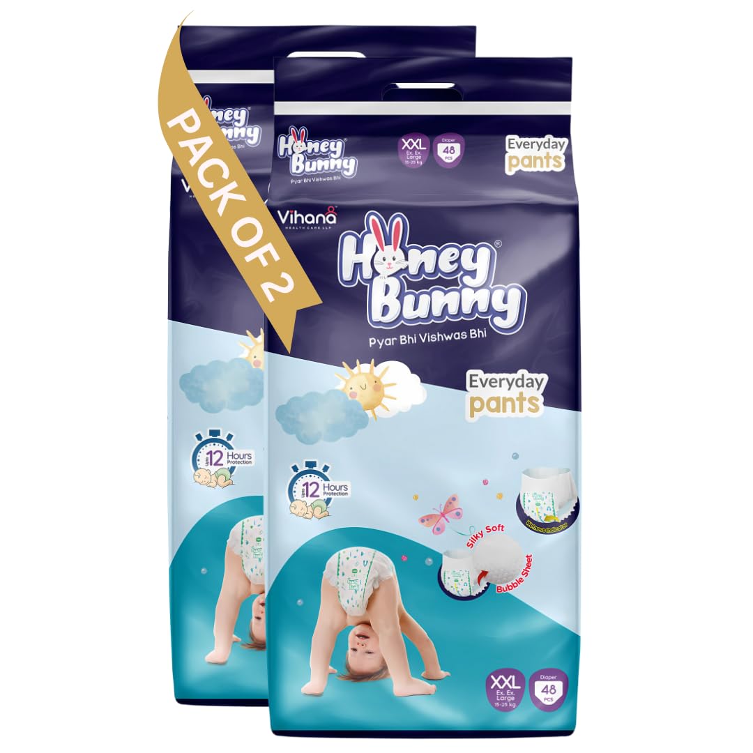 Honey Bunny Everyday Baby Diapers Pants | Extra Extra Large (Xxl), 96 Count, 1725 Kg | Silky Soft On Skin | 12 Hours Protection