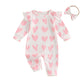 KOSUSANILL Valentines Day Baby Girl Outfit Ruffle Long Sleeve Romper Waffle Love Heart Jumpsuit Headband Cute Fall Clothes (Pink