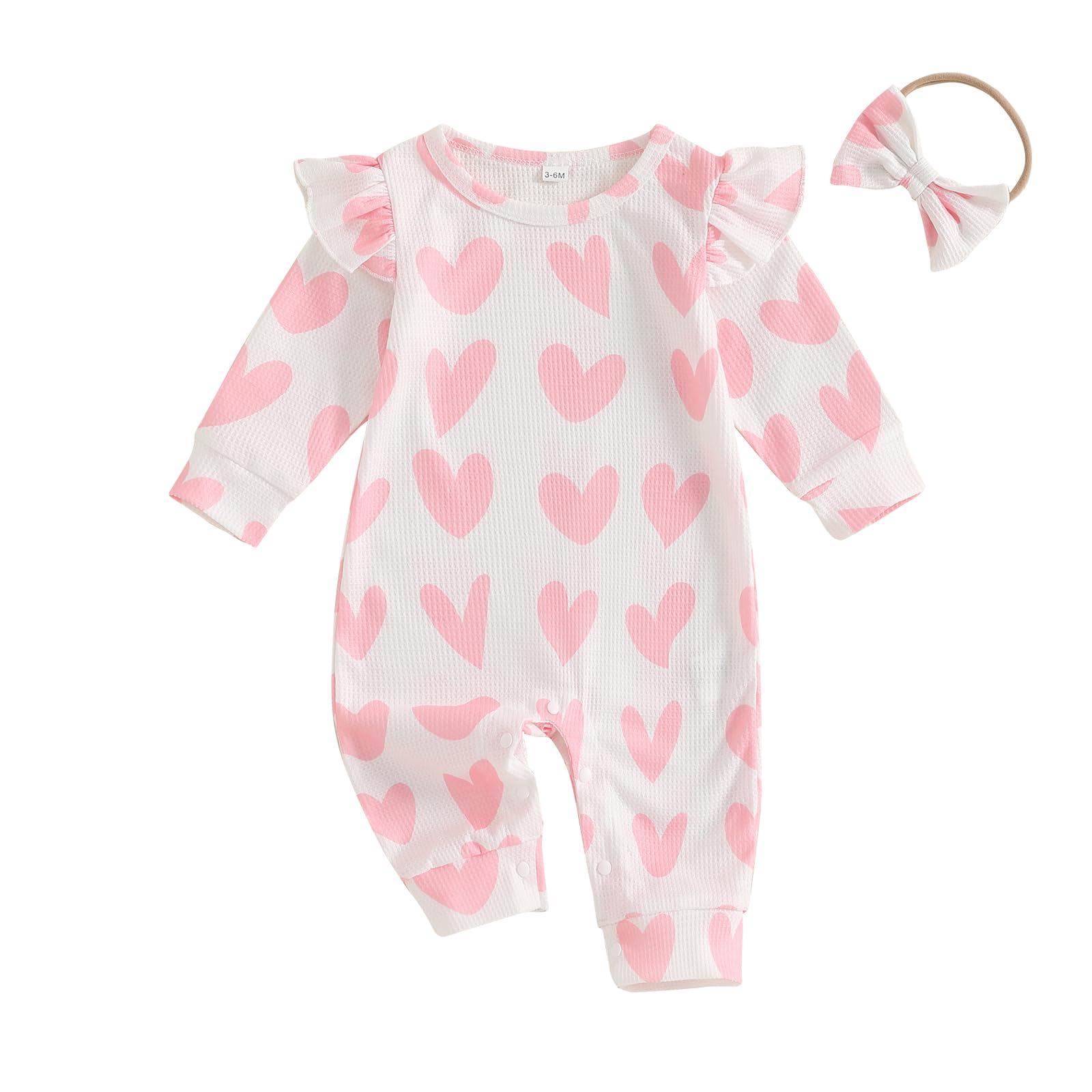 KOSUSANILL Valentines Day Baby Girl Outfit Ruffle Long Sleeve Romper Waffle Love Heart Jumpsuit Headband Cute Fall Clothes (Pink