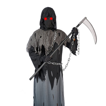 Grim Reaper Halloween Costume With Glowing Red Eyes For Kids, Scythe Included(Gray,Large)