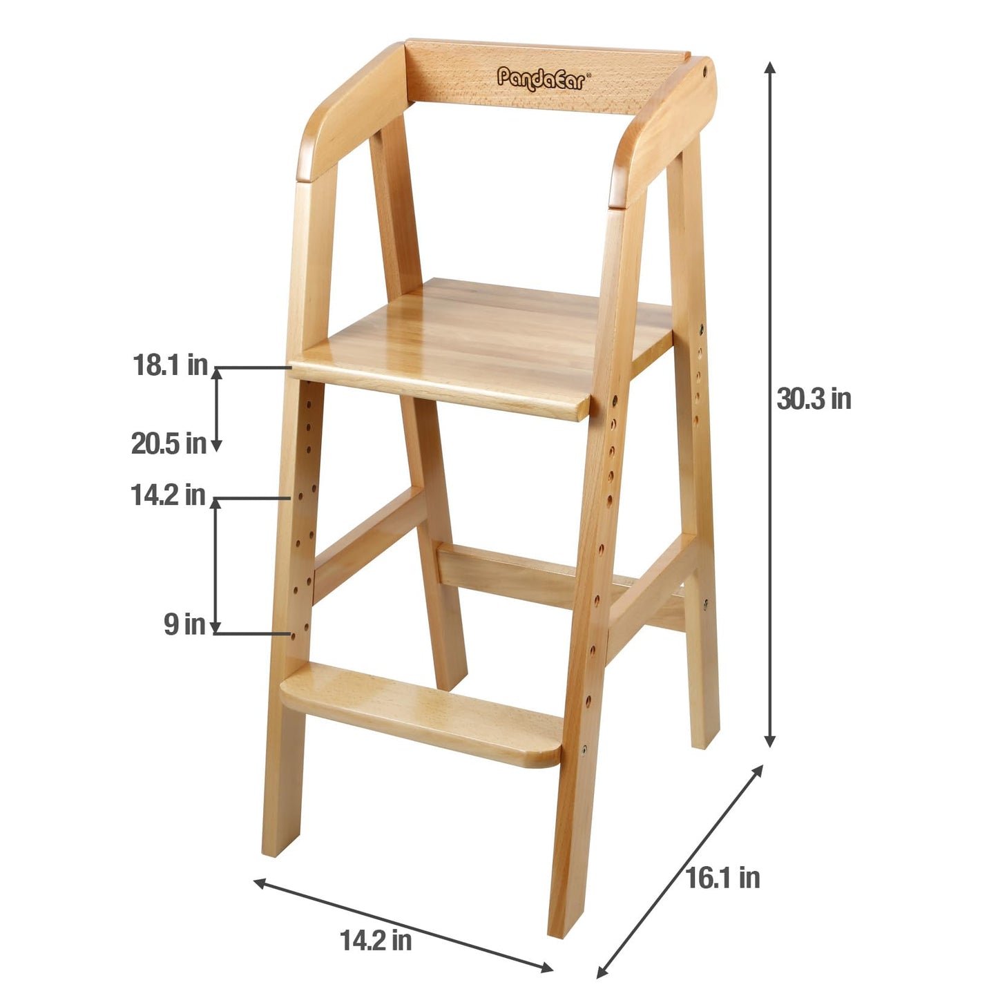 Pandaear Wooden High Chair For Toddlers, Adjustable Child Highchair Feeding Chair With Removable Cushion & Steps For Kids Dining