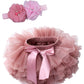 Baby Girls Tutu Skirt With Diaper Cover Cotton Tulle Bloomers And Headband Sets Bean Sand 6-12 Months
