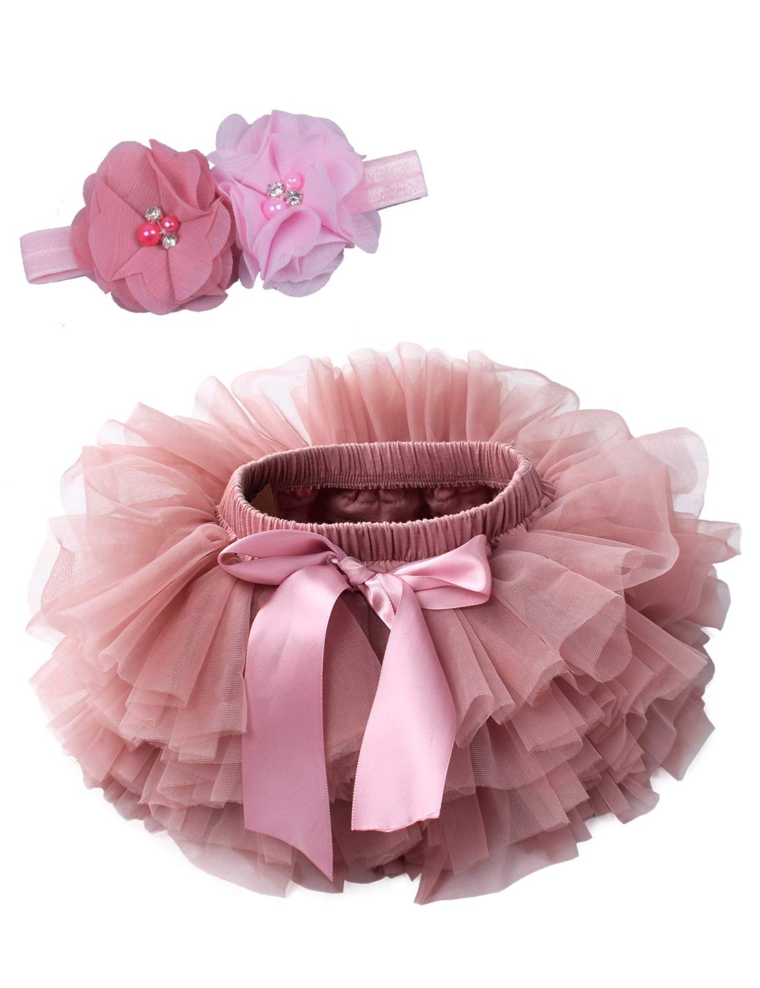 Baby Girls Tutu Skirt With Diaper Cover Cotton Tulle Bloomers And Headband Sets Bean Sand 6-12 Months